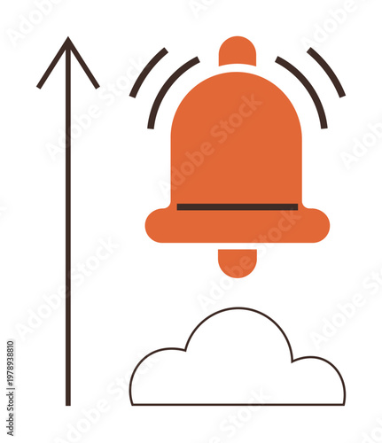 Communication, notifications, data transfer, cloud services, progress, digital growth. Orange bell with vibrations, a cloud icon and an upward arrow. Notifications and data transfer concepts