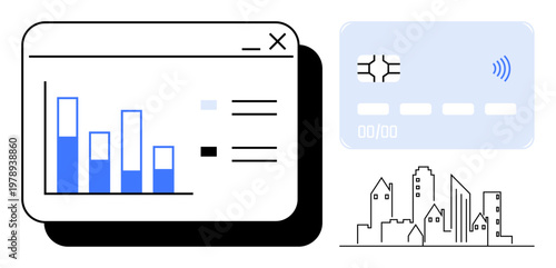 Finance, technology, urban planning, data analysis, contactless payments, digital economy. A bar chart, smart card and cityscape icons. Finance and technology concept