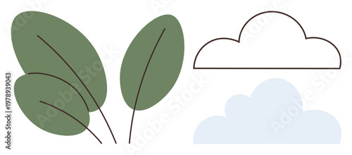 Sustainability, environment, eco lifestyle, natural beauty, climate change awareness, simplicity. Green leaves and abstract clouds in a modern composition. Sustainability and environment concept