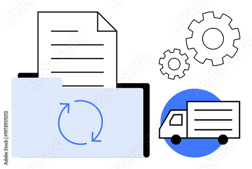 Data management, logistics solutions, cloud storage, file sharing, data synchronization, efficient delivery. A folder with a document, a delivery truck and gears. Data management and logistics