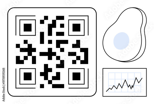 Digital marketing, data analytics, mobile interaction, business growth, technology tools, innovation. Black QR code with abstract shape and line chart. Digital marketing and data analytics concept