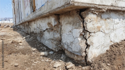 Foundation wall shows concrete crack damage at building site during construction work near urban area in broad daylight hours