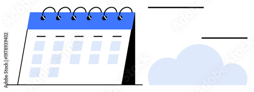 Scheduling, planning, time management, cloud storage, online tools, productivity. A spiral-bound calendar with a cloud. Scheduling and planning tools concept for cloud-based productivity