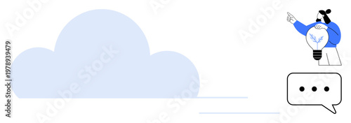 Cloud computing, creative thinking, idea innovation, digital communication, technology concepts, online collaboration. Large cloud symbol, person holding a lightbulb speech bubble. Cloud computing