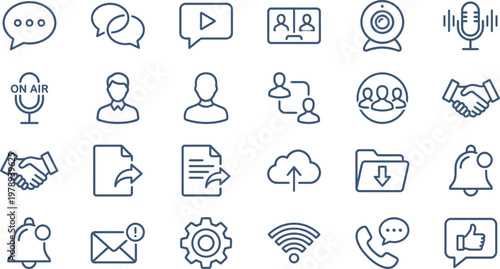 Diverse set of essential digital communication, social networking, and business interface line icons.