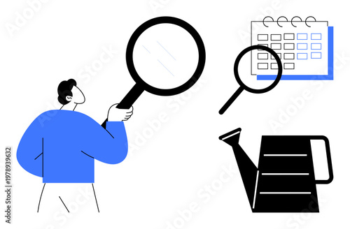 Research, planning, organization, growth, time management, analysis. Person holding magnifying glass, exploring calendar and watering can. Research and planning related visual concept
