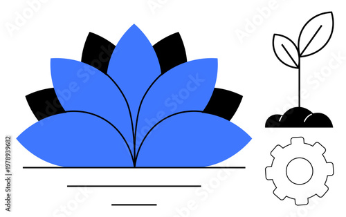 Growth, sustainability, innovation, nature, balance, harmony. Blue lotus petal design, a sprouting seedling and a gear symbol. Growth and sustainability concepts through visual harmony in nature