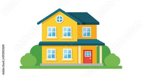A brightly colored two story house illustration with a yellow exterior dark blue roof and green shrubbery