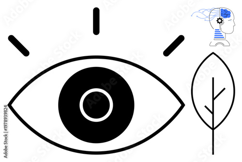 Vision, technology, nature, mental health, innovation, sustainability. Large eye with radiating lines, a leaf and a human head with gears and circuits. Vision and technology concepts