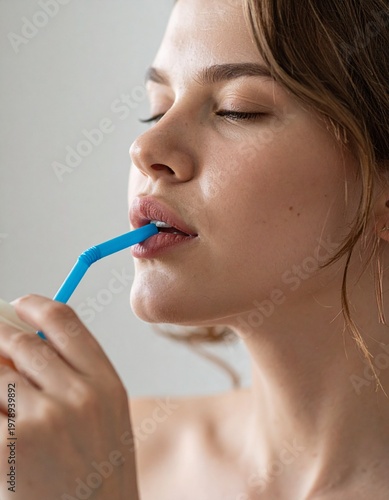 A person drinking from a cup through a blue straw, highlighting relaxation, everyday lifestyle, authenticity, and natural expression. Ideal for modern living, beverages, comfort, and human emotion.