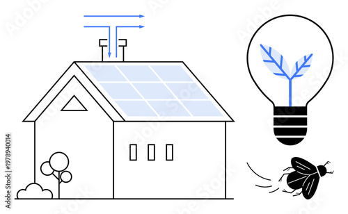 Renewable energy, green living, eco innovation, sustainability, energy efficiency, environmental impact. A solar-panel house, eco-friendly light bulb and energy-efficient concepts. Renewable energy