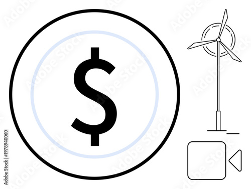 Renewable energy, green investment, sustainable finance, clean power, economic growth, eco-innovation. Dollar sign alongside a wind turbine and camera icon. Renewable energy and sustainable finance