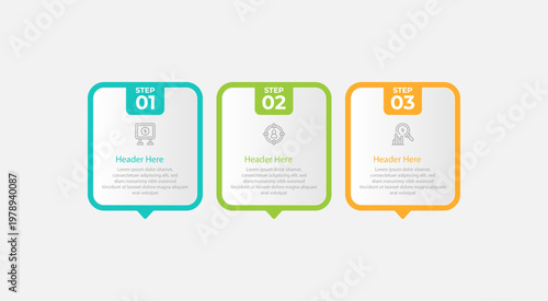 Threestep infographic template with icons and text.