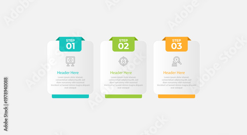 Threestep infographic template with icons and text.