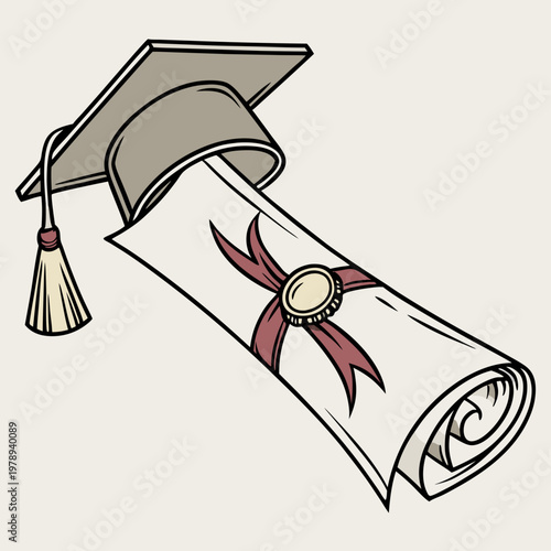 Diploma about graduation of university, college, school, education certificate, graduation degree, scroll tied with red ribbon with medal, close up, perspective view. 3d realistic Vector illustration