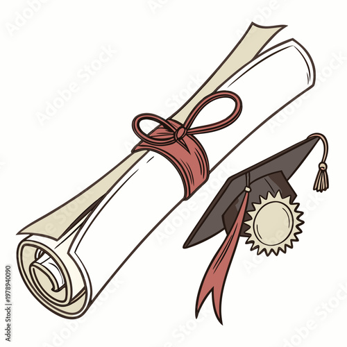Diploma about graduation of university, college, school, education certificate, graduation degree, scroll tied with red ribbon with medal, close up, perspective view. 3d realistic Vector illustration