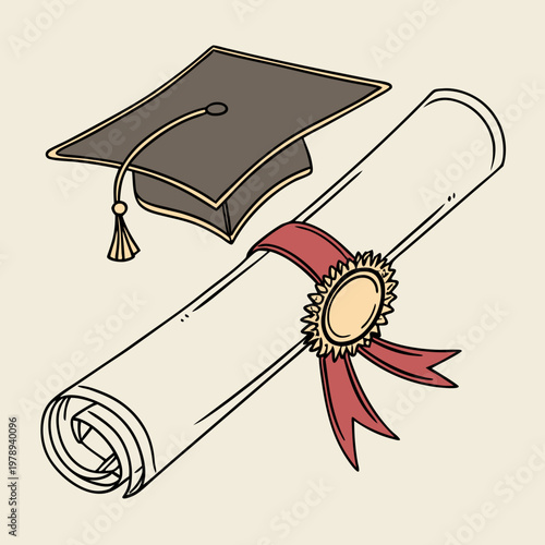 Diploma about graduation of university, college, school, education certificate, graduation degree, scroll tied with red ribbon with medal, close up, perspective view. 3d realistic Vector illustration