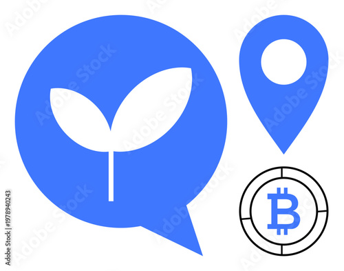 Sustainable development, digital finance, blockchain, environmental focus, cryptocurrency use, eco-friendly tech. Blue eco symbol, location pin Bitcoin emblem. Sustainable development and digital