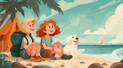Children enjoy time on beach with dog while camping and relaxing under palm trees on sunny day