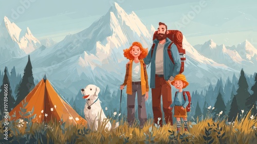 Family enjoys day of camping and hiking with dog in mountains during sunny weather