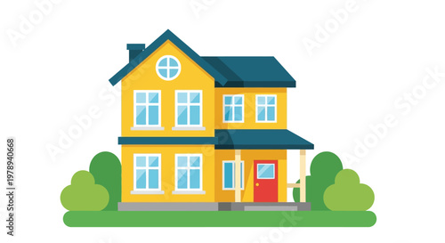 Tablou pe pânză A brightly colored two story house with a blue roof and yellow walls is depicted