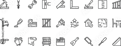 A collection of various construction and building tools and equipment icons in black and white