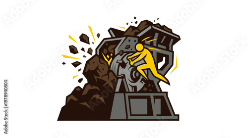 Man Pushing Mining Machine Crushing Rocks Effort Concept