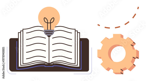 Education, innovation, creative thinking, knowledge sharing, idea development, lifelong learning. Open book with lightbulb and gear. Education and innovation highlighted by lightbulb and book concept