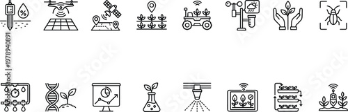A collection of black and white line icons depicting various agricultural and technological concepts.