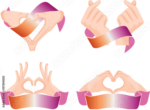 Set of icons of hands folded in a gesture of love with colored ribbons with the colors of lesbian pride as a symbol of love, equality and self-expression