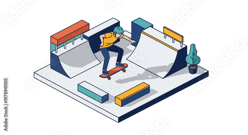 Isometric Skateboarder Performing Tricks in a Skate Park Illustration