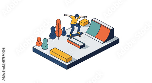 Isometric illustration of a young man skateboarding in a skate park