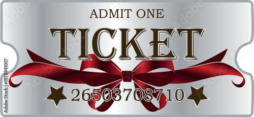 silver ticket, voucher or coupon template for discounts and promotions in VIP style with gradients and a red bow under the text, for thematic printing, social media or web design