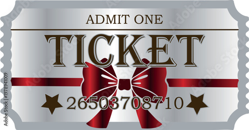 silver ticket, voucher template for discounts and promotions with red bow and ribbons, for thematic printing, social media or web design