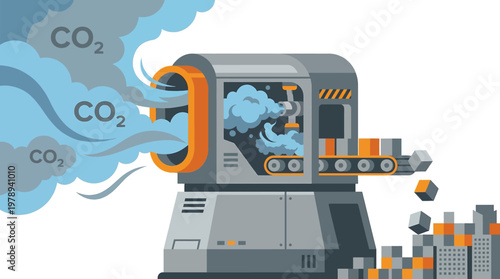 Conceptual illustration of a manufacturing process creating urban structures, highlighting the environmental consequence of carbon dioxide emissions from industrial activity