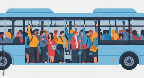 Crowded blue bus exterior with standing passengers inside illustration