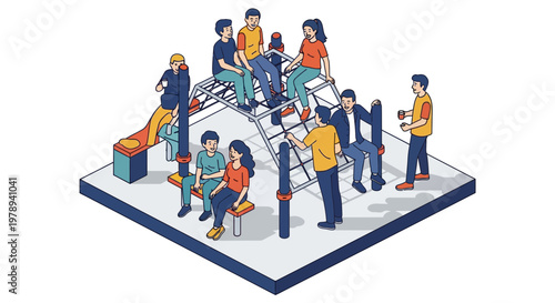 Group of friends socializing at a park playground jungle gym