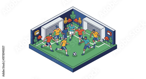 Isometric Vector Scene of Soccer Match with Diverse Team Players