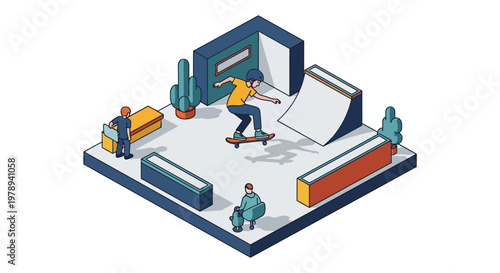 Isometric Skateboarder Performing Flip Trick in Outdoor Skate Park