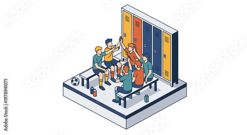 Isometric soccer team celebrating victory in a locker room