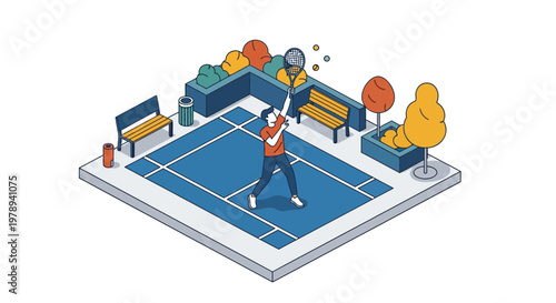 Isometric Illustration of a Male Player Serving on a Tennis Court