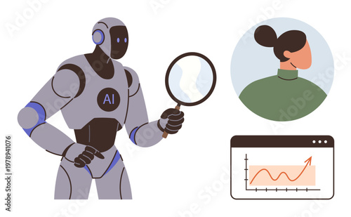 Artificial intelligence, data analytics, identity verification, technology innovation, trend analysis, future technology. Robot holding magnifier near profile and graph. Artificial intelligence