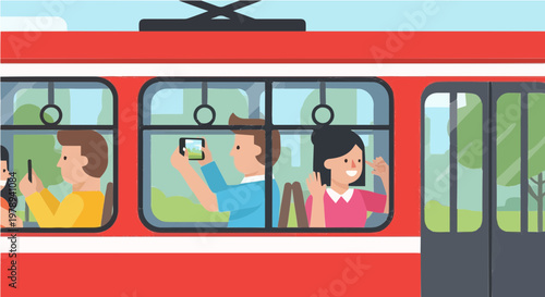 Passengers taking photos with phones inside red train car illustration