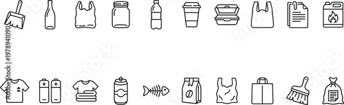 A collection of various eco-friendly and recyclable waste management icons on a white background