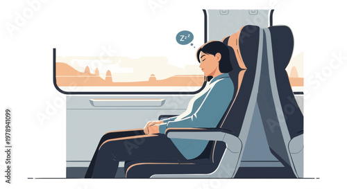 Woman sleeping in train seat with thought bubble and window view