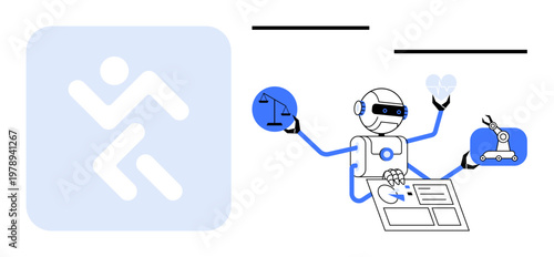 Artificial intelligence, robotics, automation, decision-making technology, multitasking, healthcare innovations. Robot with multiple arms holding scale, heart and technological devices. Artificial