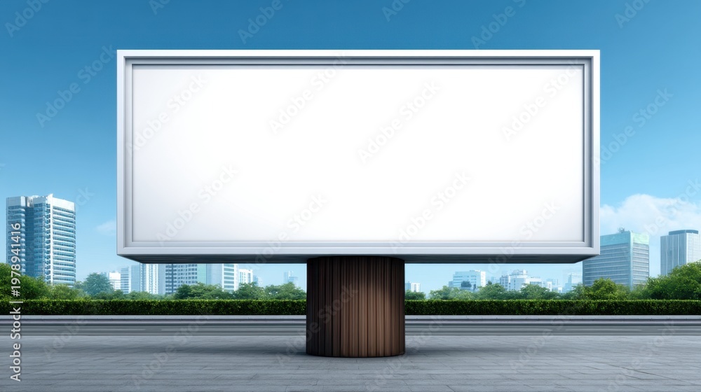 Obraz premium Empty billboard frame on city street with modern buildings and clear blue sky, perfect for advertising campaigns and promotional displays