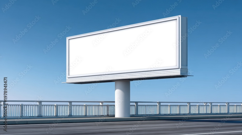 Obraz premium Empty blank billboard on a road bridge against a clear blue sky, ideal for advertisements and promotional displays, showcasing advertising potential