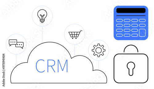 Customer relationship management, business operations, cloud technology, data security, team collaboration, workflow optimization. Cloud with CRM text, icons for ideas, chat shopping gears
