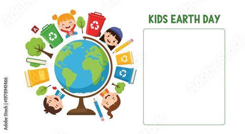 Illustrated Earth Day classroom poster featuring kids and a globe surrounded by recycling bins, books, and pencils, set against a clean white background with bright, cheerful colors